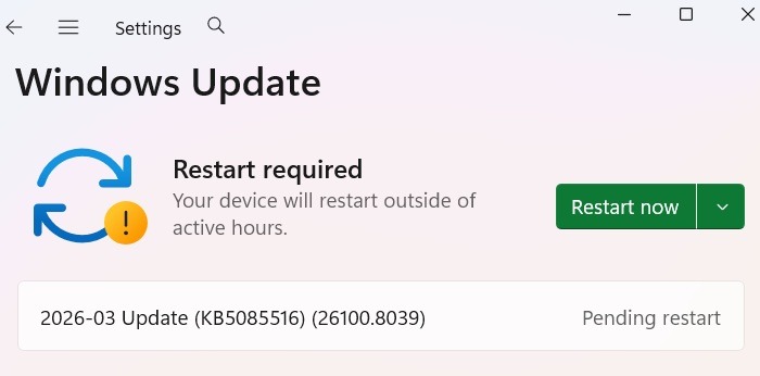 Windows 11 Update for KB5085516 Build: (26100.8039) March 21, 2026