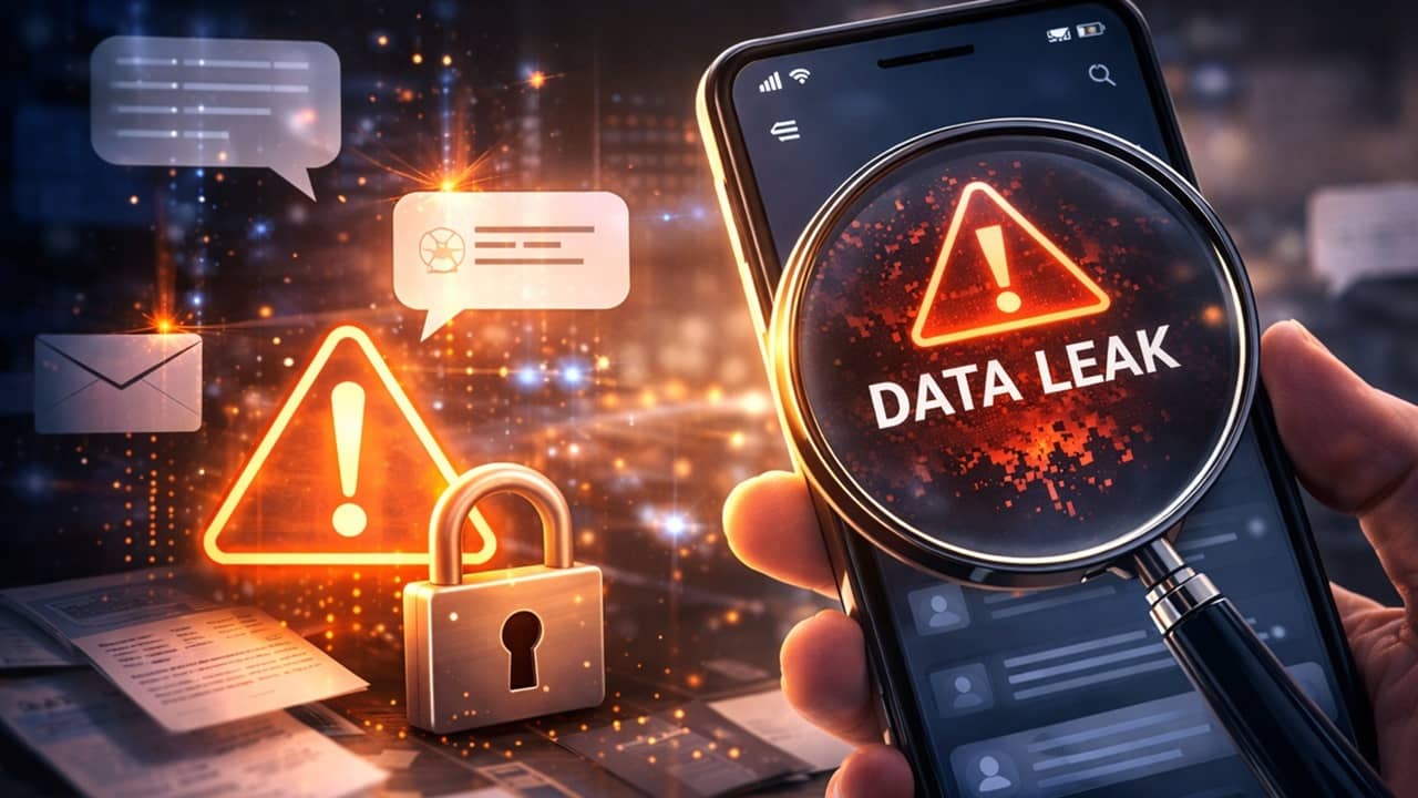 Phone with an AI chatbot and a data leak warning with the background showing types of leaked chatbot data.
