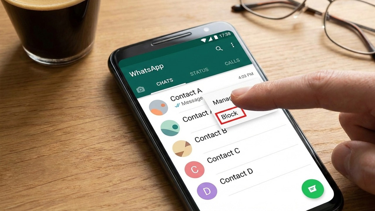 A phone on table with WhatsApp open and a finger navigating it