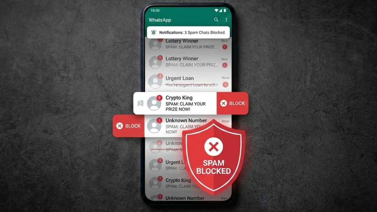 Phone with dark background showing WhatsApp filled with spam messages