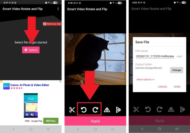 Using Smart Video Rotate and Flip to rotate video on Android.