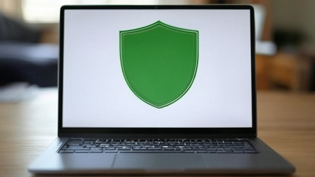 A picture of a laptop on top of a desk displaying a green shield on its monitor.