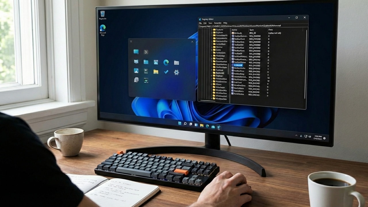 A man using a Windowns 11 desktop PC with Registry on display