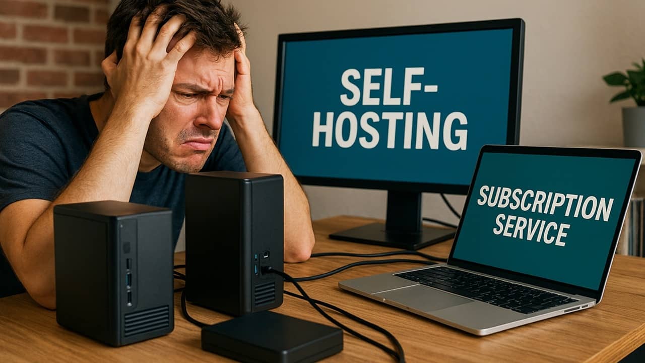 Frustrated person experiencing self-hosting cons versus using subscriptions.