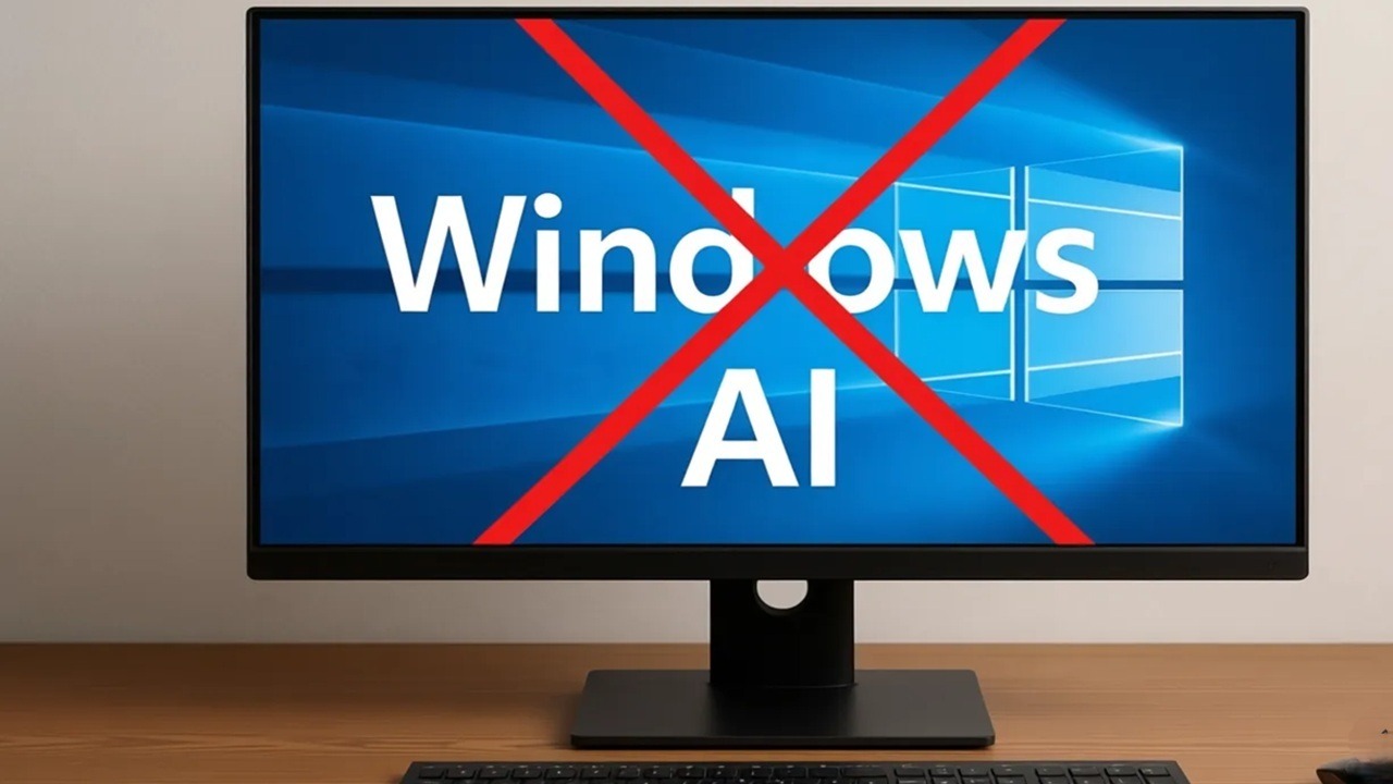 Desktop monitor with Windows AI on the screen and a red X over the words.