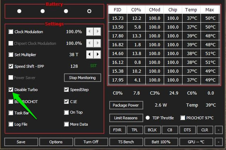 Throttlestop interface with Disable Turbo option enabled