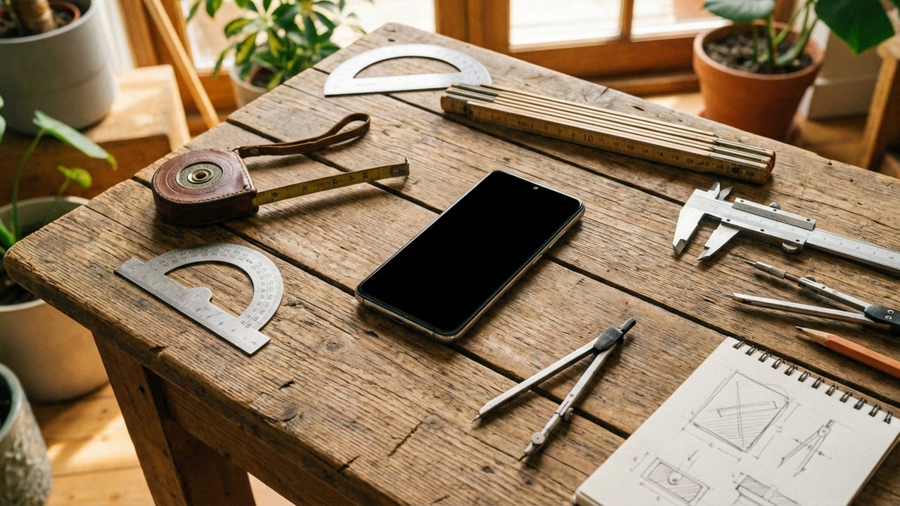 A smartphone on a table surrounded by measuring tools