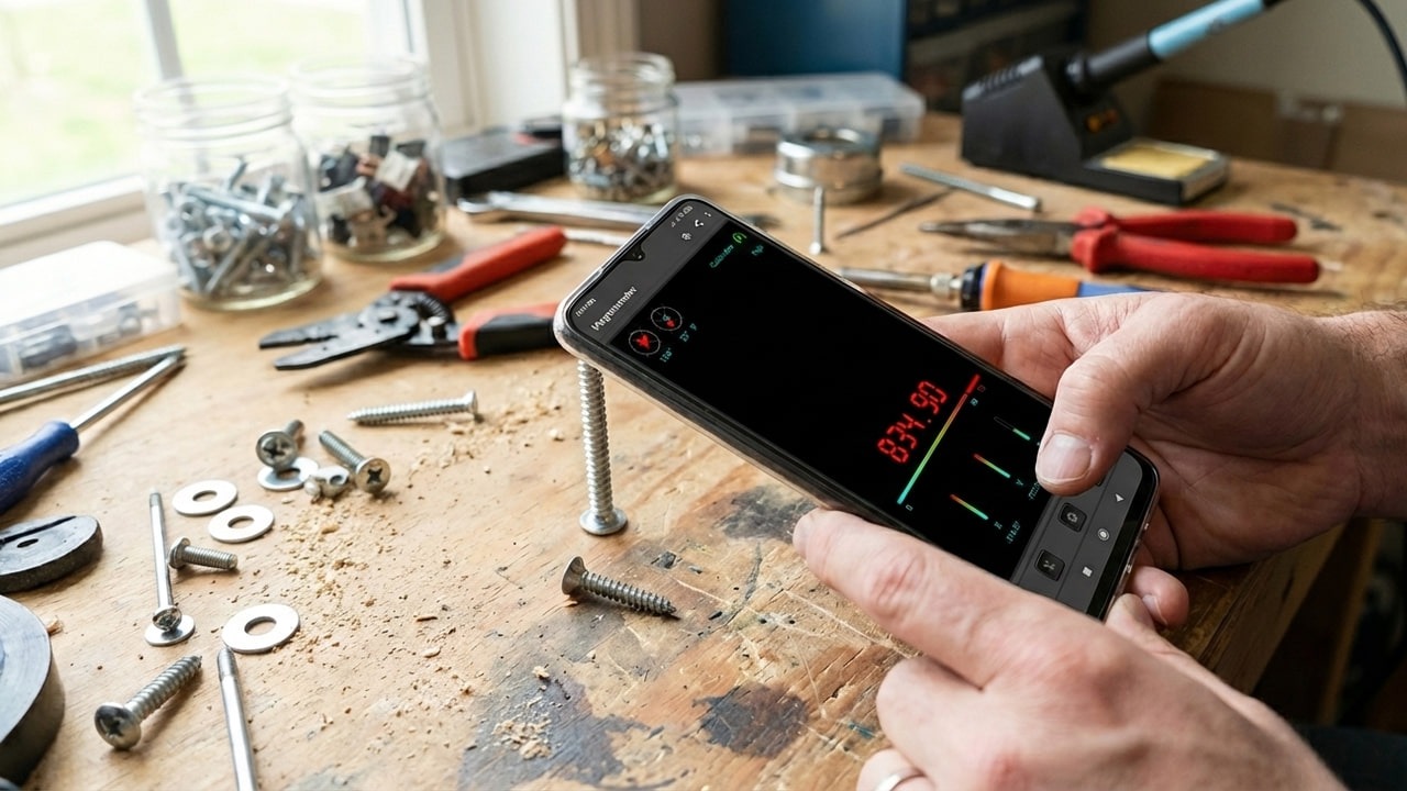 A man on a workbench with phone in hand showing magnetometer reading