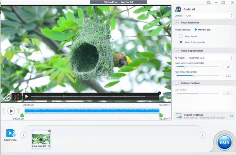 Removing vocals in a bird documentary.