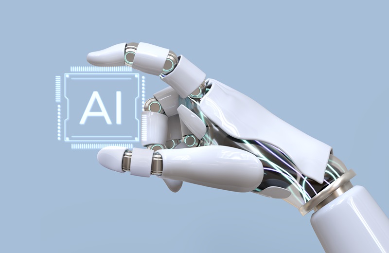 Robot arm holding an AI chip.