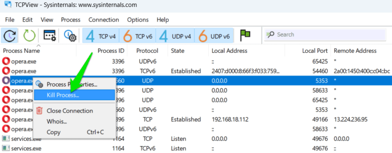 TCPView Killing Process