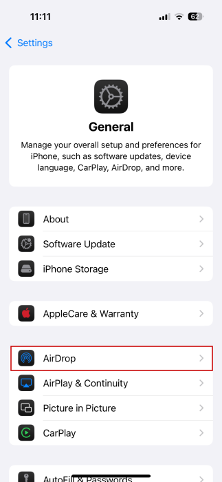 Accessing AirDrop from General Settings on iPhone. 